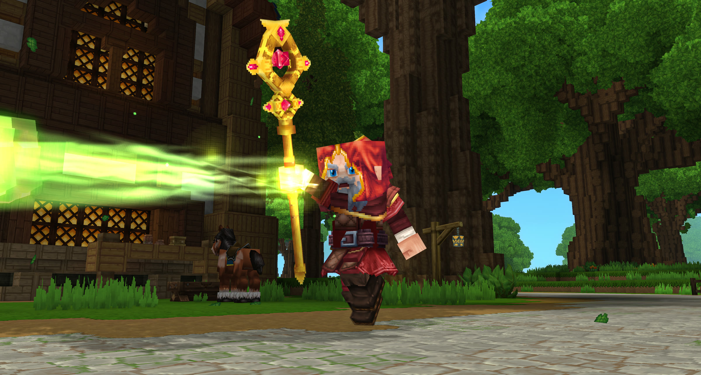 A priest wielding Benediction on a forest road