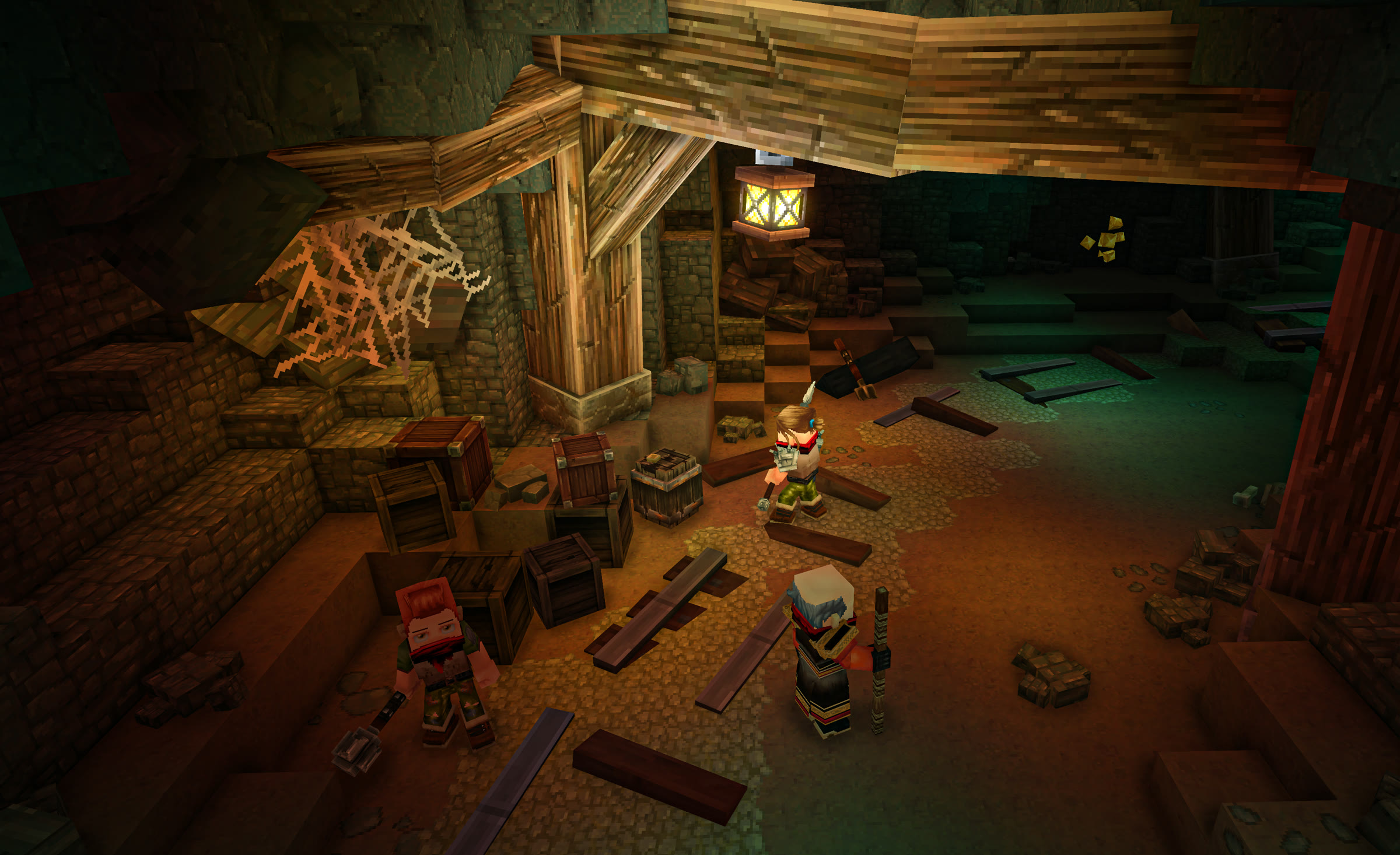 A party of adventurers exploring a lantern-lit Deadmines chamber