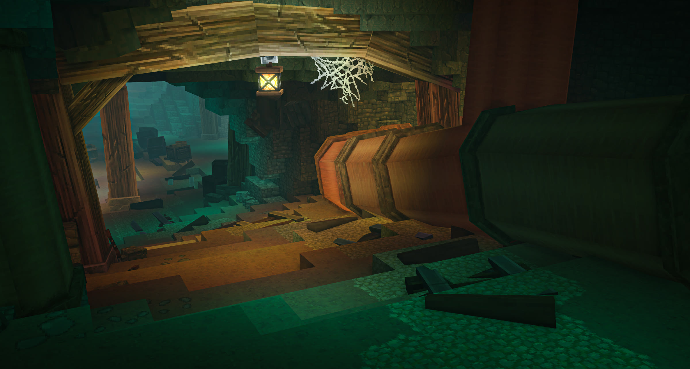 Collapsed beams, mine carts and barrels inside the Deadmines
