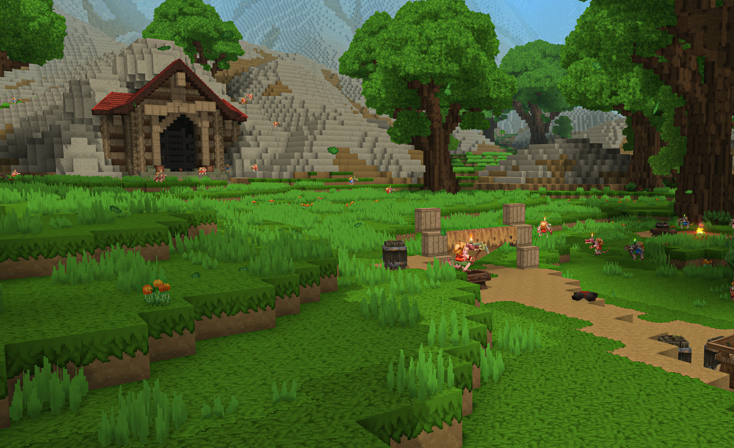 A sprawling gnoll camp at the foot of a rocky hillside
