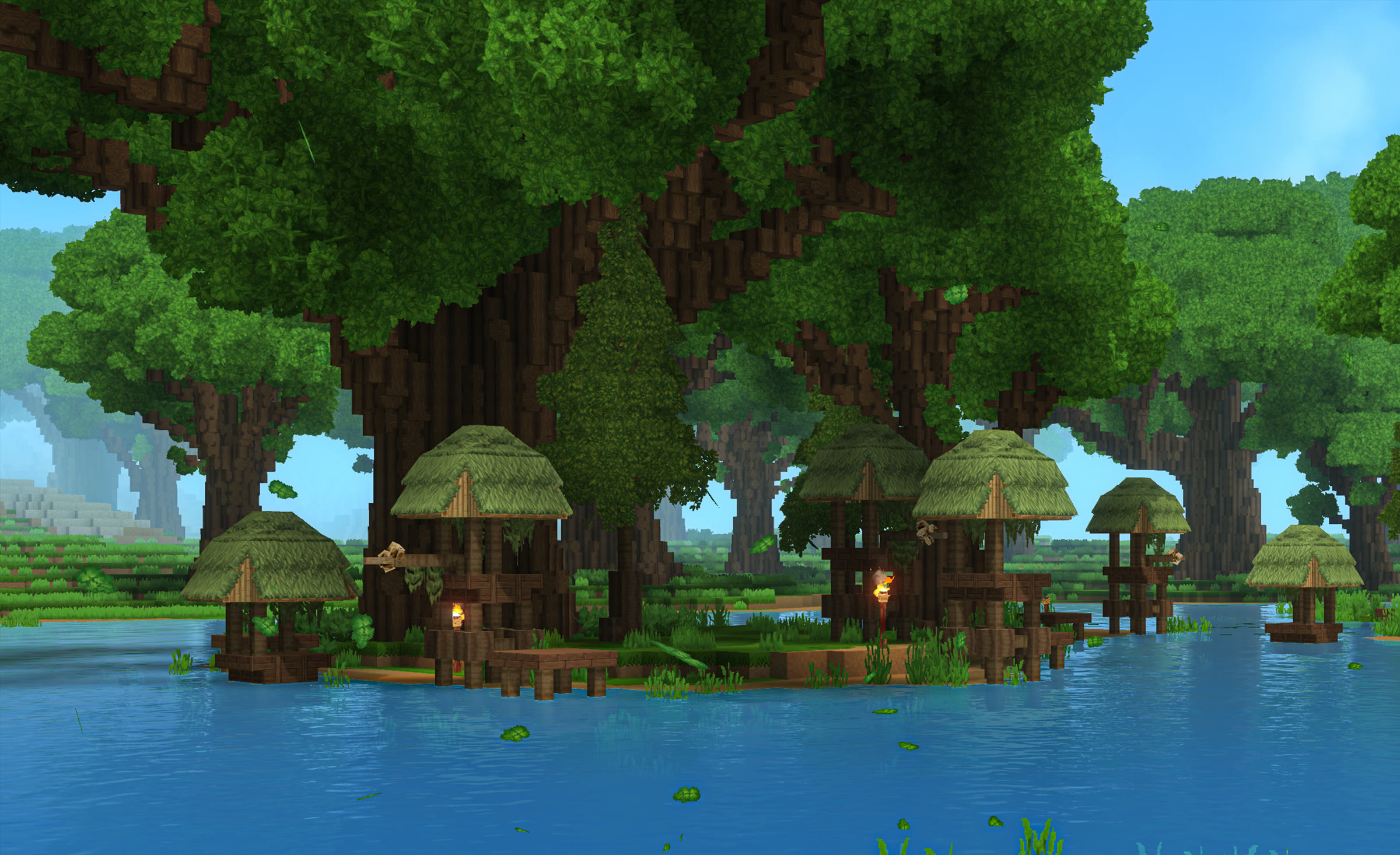 A murloc village built among giant trees at the water's edge