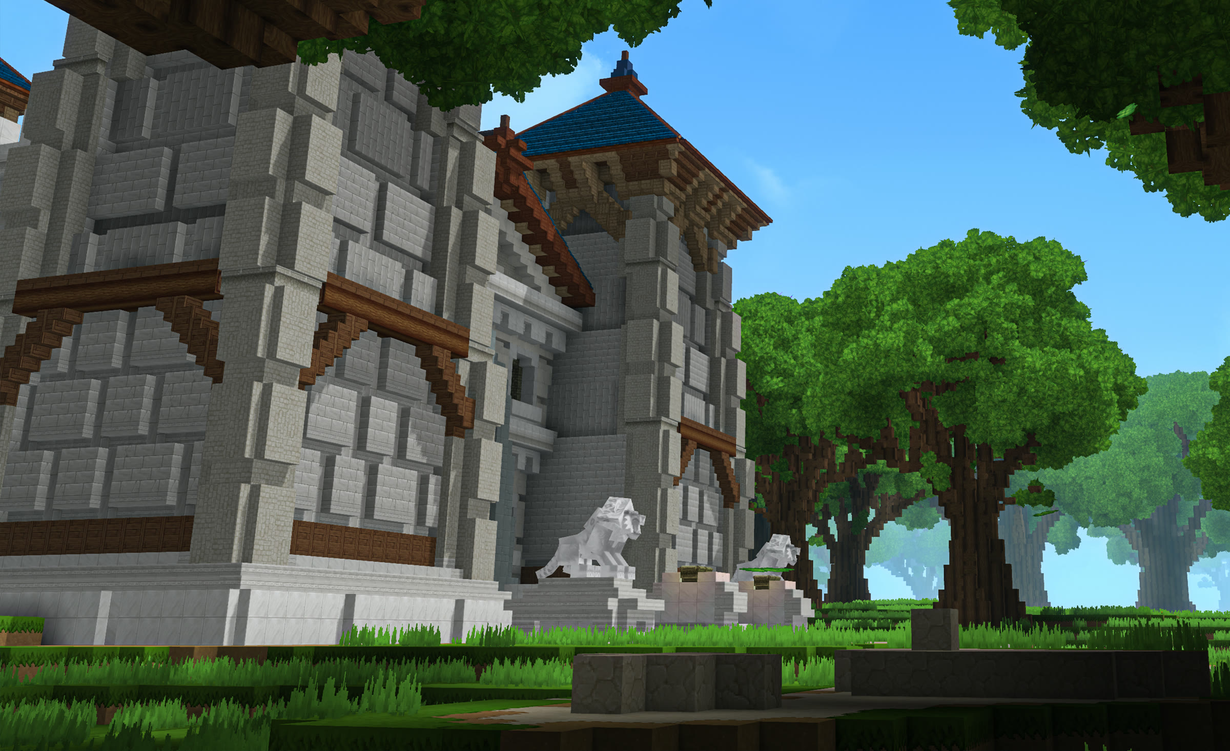 Stormwind's stone barracks and lion statues beneath the trees